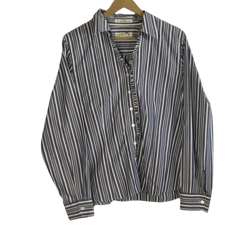 Orvis Women’s Blue White Ruffled Trim Button Up Blouse Size 16